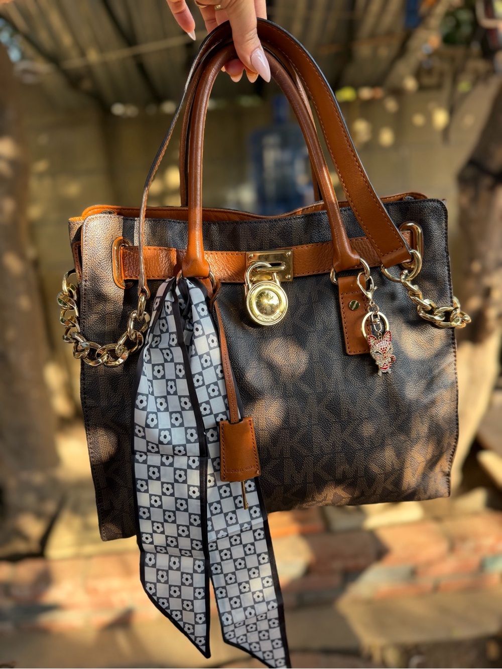 Michael Kors Brown Monogram Satchel with Tan Trim and Gold Hardware